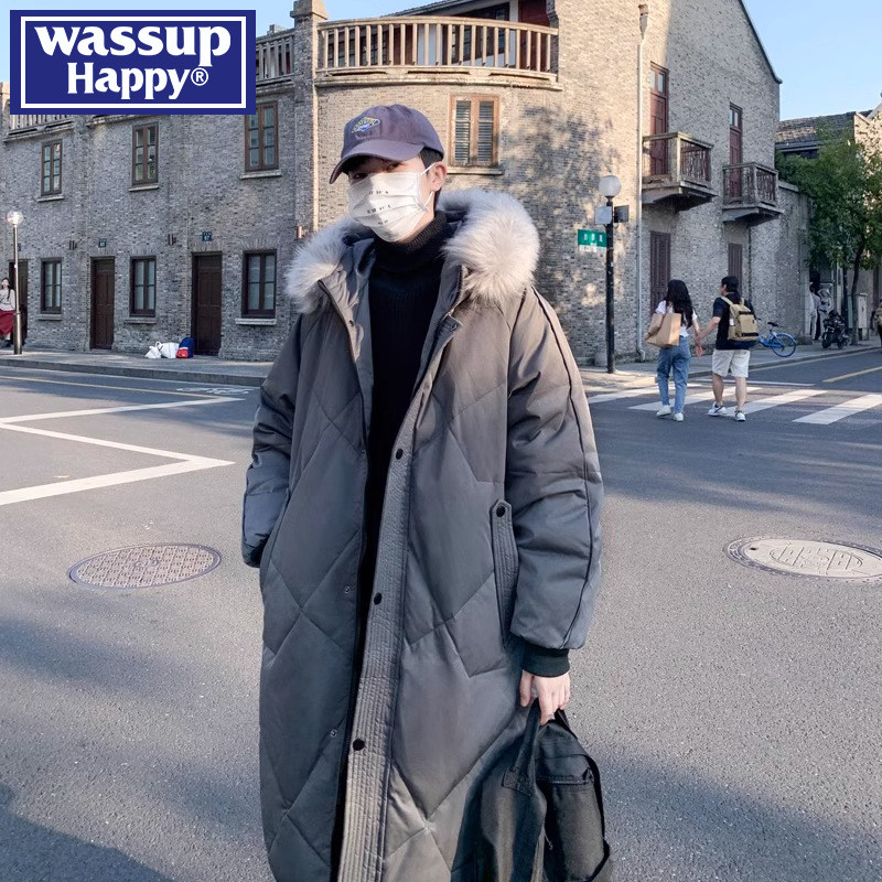wassup happy大毛领羽绒服男款冬季青少年中长款潮牌潮流连帽外套