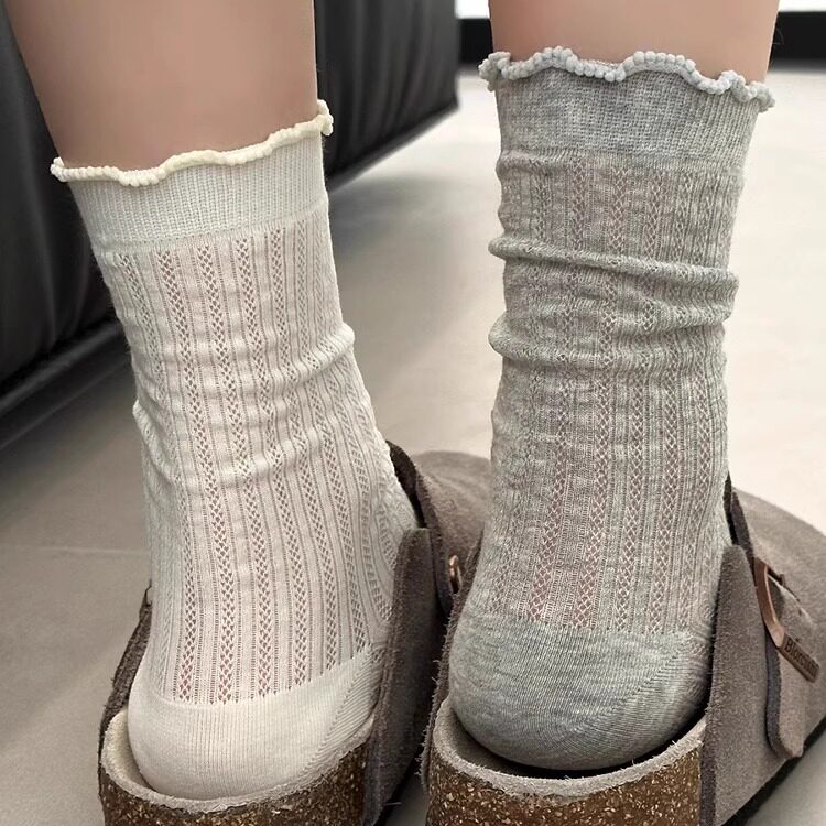夏季薄款纯色镂空网眼真的又透又舒服花边网眼纯色中长堆堆女袜子