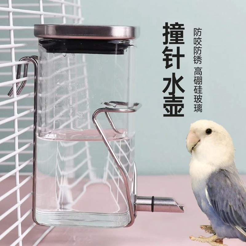 撞针式鹦鹉饮水器玻璃大容量不锈钢鸟用自动喂水鸟笼水壶喝水小鸟