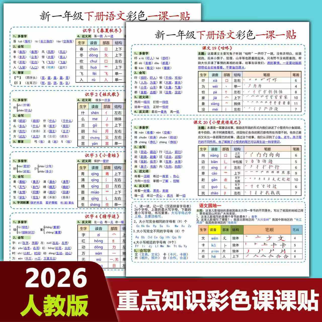 2026新版小学语文重点知识课课贴一二年级上下册生字组词笔画笔顺