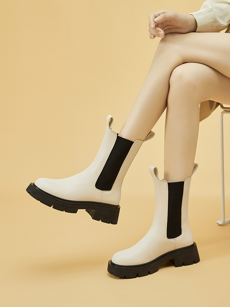 다프네 굴뚝 부츠 여성용 두꺼운 밑창 첼시 부츠 겨울 플러스 벨벳 소형 미드 송아지 부츠 2024 새로운 마틴 부츠