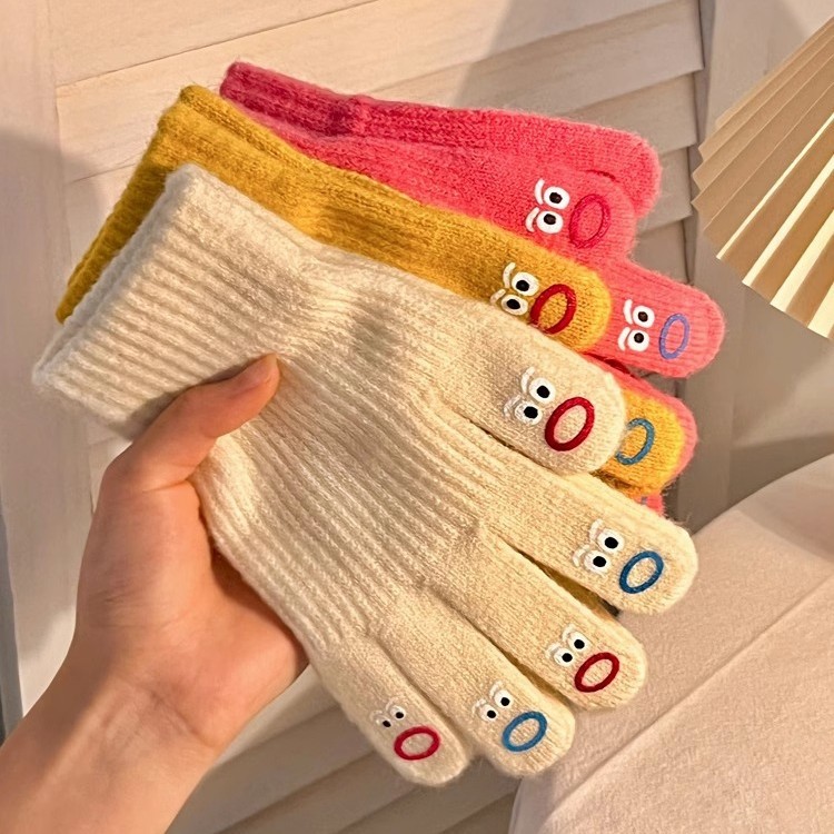 大嘴怪手套五指可爱韩版毛线针织加厚保暖手套女冬季骑行可