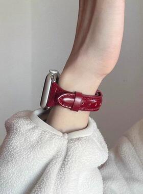 真皮红色适用S10表带iwatch9代新款简约SE高级感女款87腕带SE