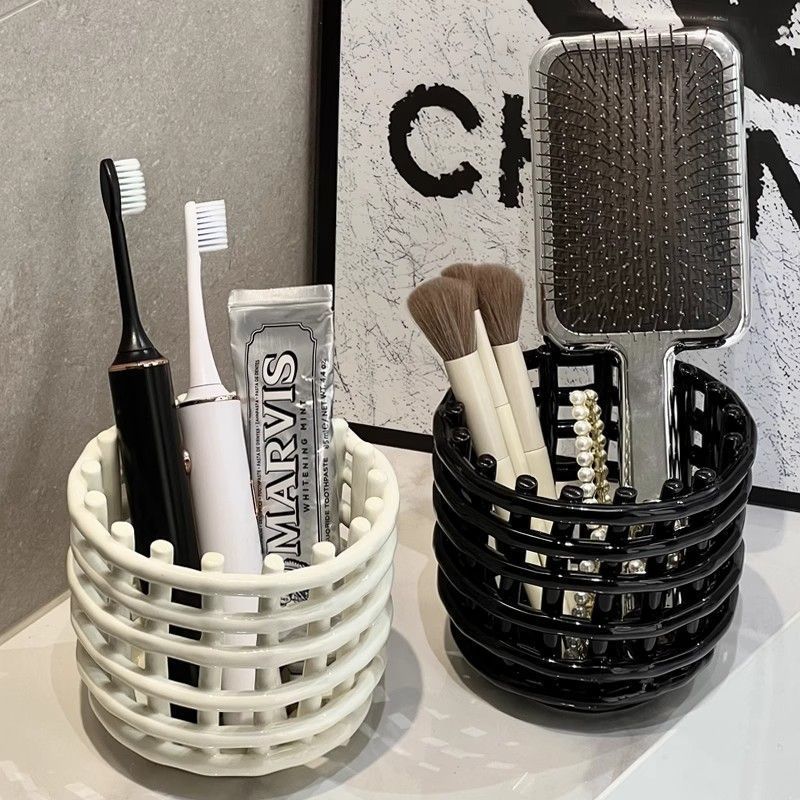 新款笔筒ins风高颜值浴室牙刷牙膏收纳杯家庭简约手工编织收纳筒
