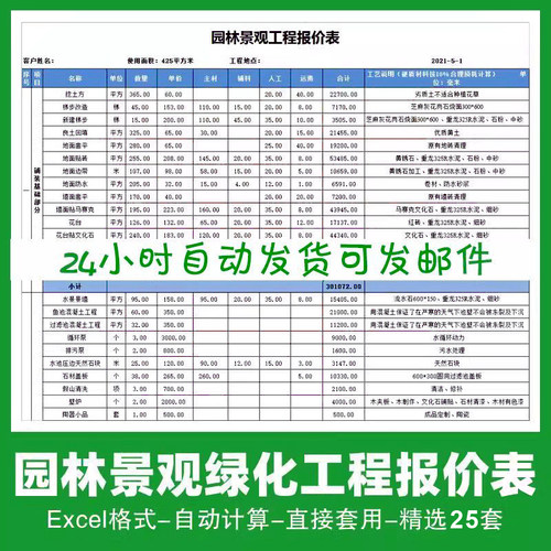园林景观工程报价表模板绿化报价单预算表费用植物配置庭院清单