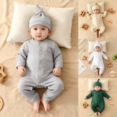 KIKOBABY婴幼儿连体服奶瓶帽婴童坑条家居男宝宝棉质睡衣空调服