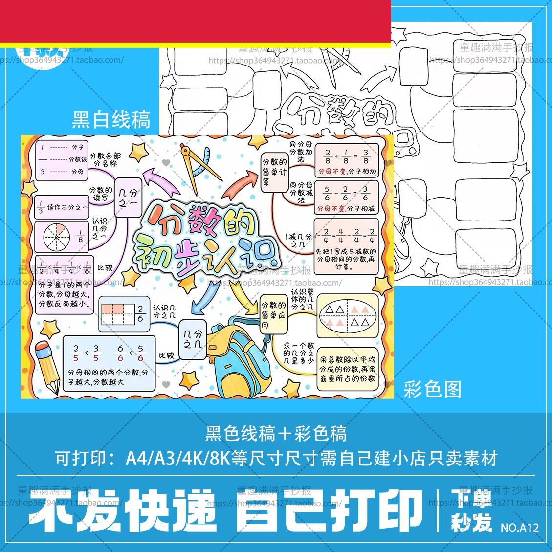 分数的初步认识思维导图手抄报电子模板三年级上册数学线稿小报