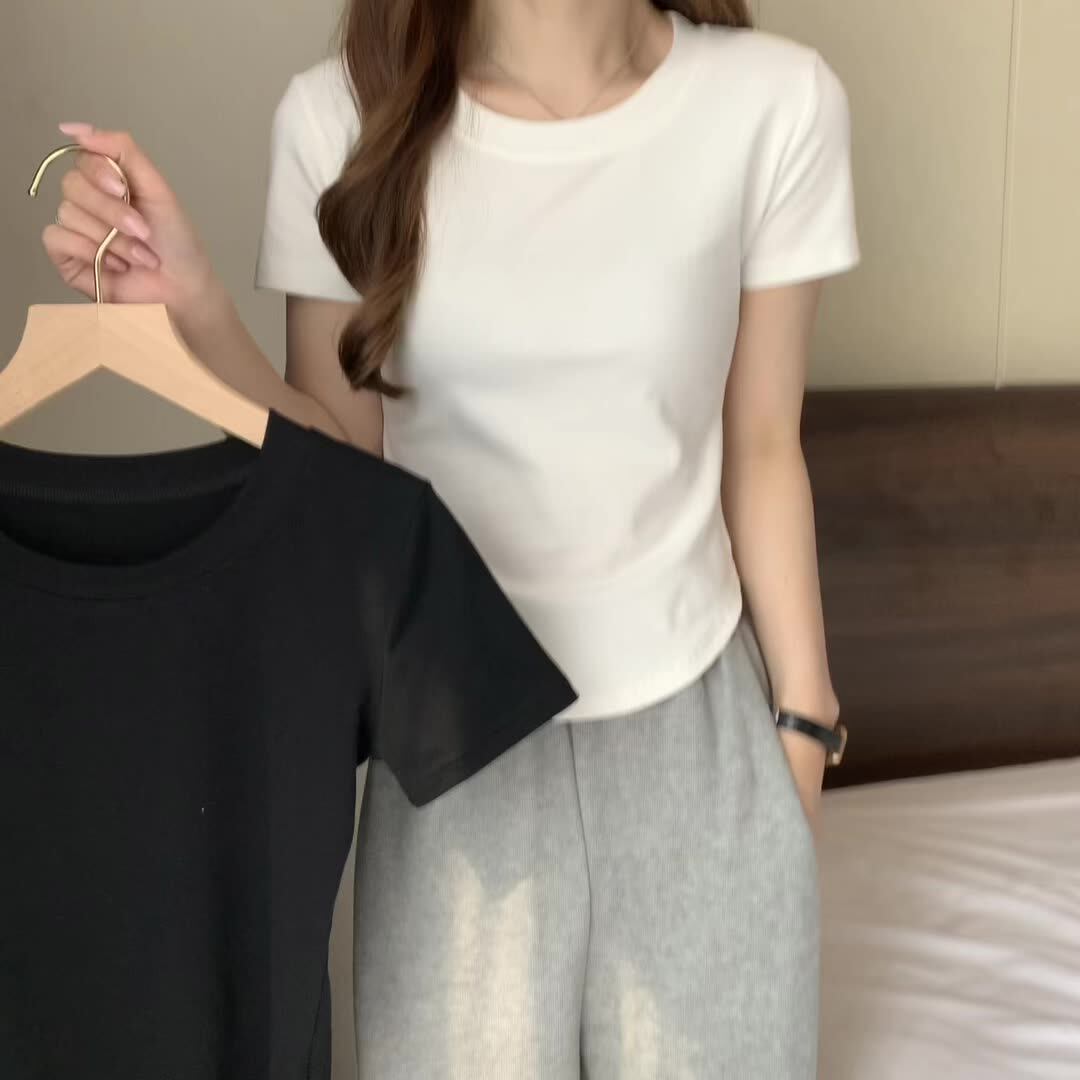 螺纹棉纯色修身T恤女夏U领短袖简约气质百搭显瘦收腰内搭打底上衣