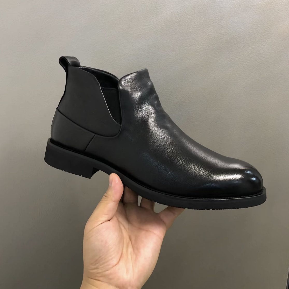 广州秋冬款牛皮切尔西真皮胎牛皮黑色低跟百搭舒适休闲男鞋-21012