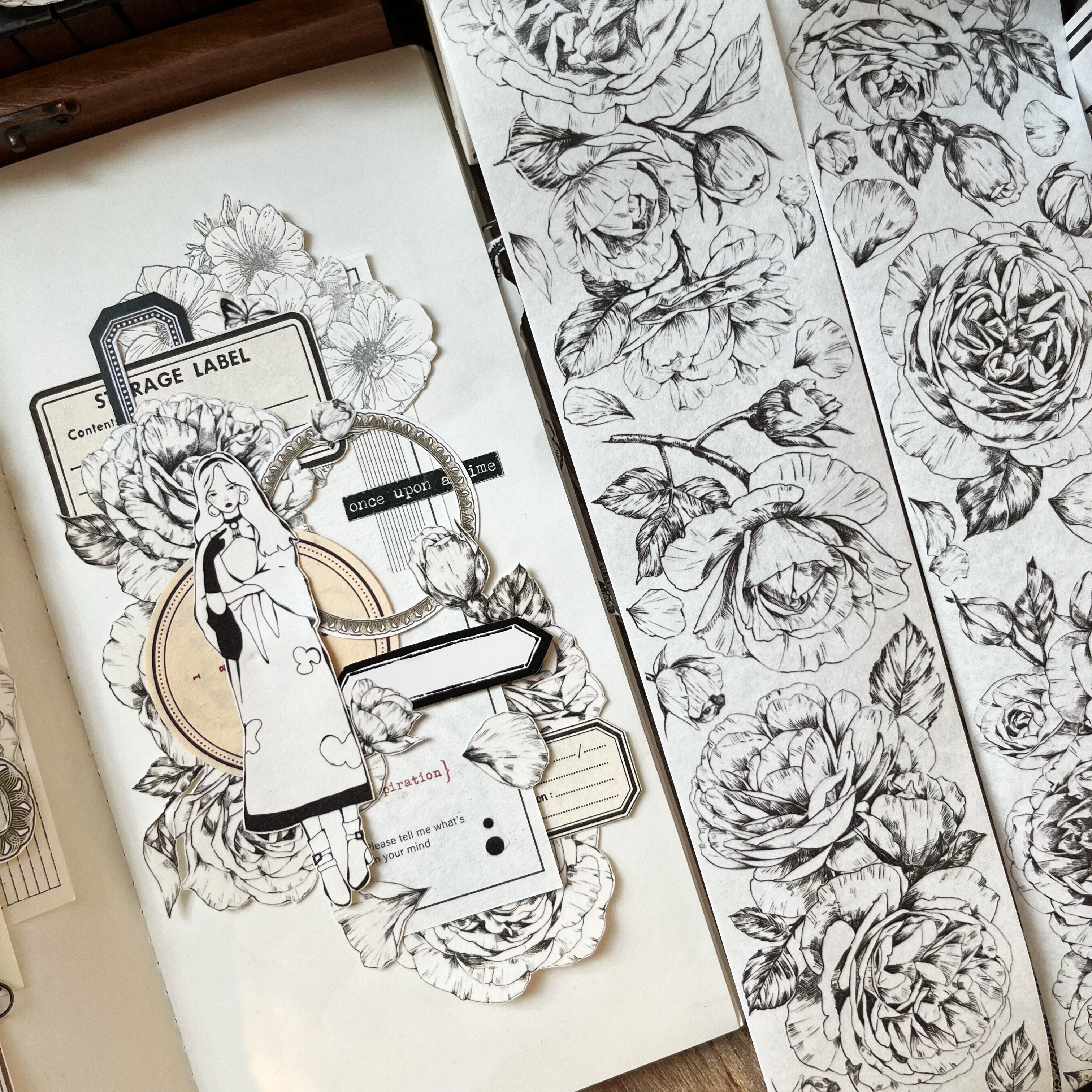 壹洱原创现货【素言】轻复古手帐贴纸 和纸胶带黑白线稿大花