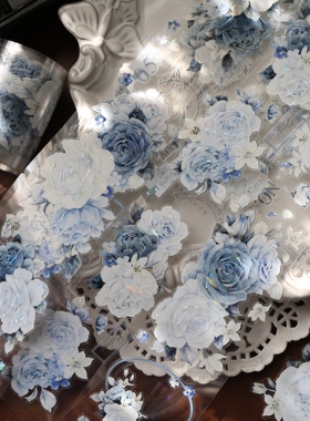 壹洱文创第16期切模【月夜玫蓝】轻复古和纸胶带蓝色花卉PET贴纸