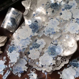 壹洱文创第16期切模【月野玫蓝】轻复古和纸胶带蓝色花卉PET贴纸