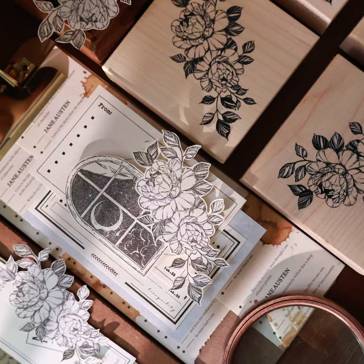 手账枫木印章大花卉红橡胶