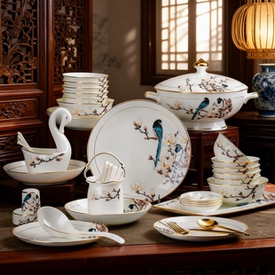 景德镇骨瓷轻奢碗碟碗筷组合喜鹊套装家用新中式餐具碗盘金边陶瓷