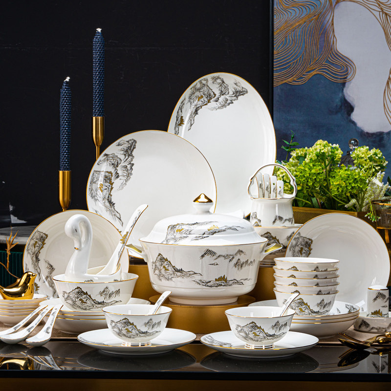 骨瓷餐具套装碗盘组合高档轻奢碗碟家用中式金边陶瓷乔迁礼品新款