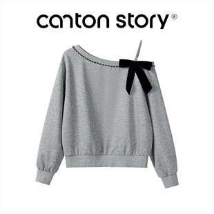 工作室原创羊城故事-蝴蝶结斜肩上卫衣女2025新款设计感辣妹宽松