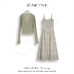 温柔甜美中长款吊带连衣裙开衫工作室原创【zonefive】绿色田园风