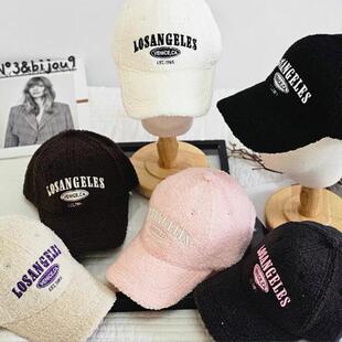 3.1现货韩版 秋冬羊羔毛棒球帽帽子刺绣字母保暖鸭舌帽韩国代购