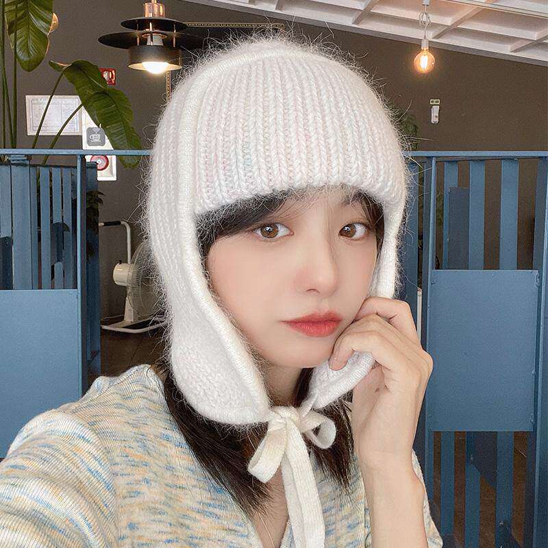 帽子女秋冬兔毛毛线护耳帽韩版简约时尚保暖防寒雷锋帽子韩国代购