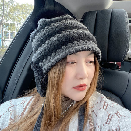 2.25现货羊毛毛线帽女韩国代购毛球羊羔毛护耳条纹渔夫帽秋冬潮