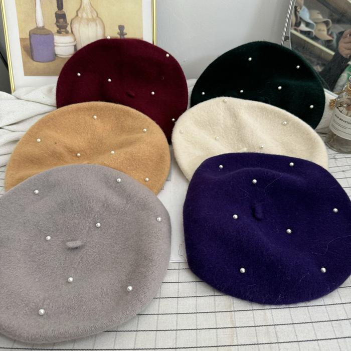 女秋冬英伦风珍珠装饰画家帽