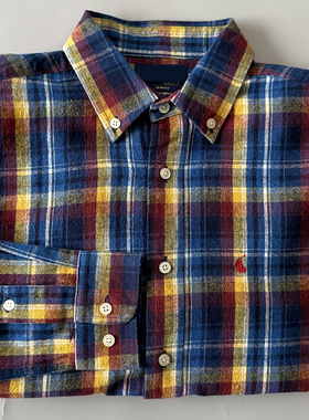 新款rl磨毛黄蓝色格纹衬衫男士复古美式老钱风经典款修身格子衬衣