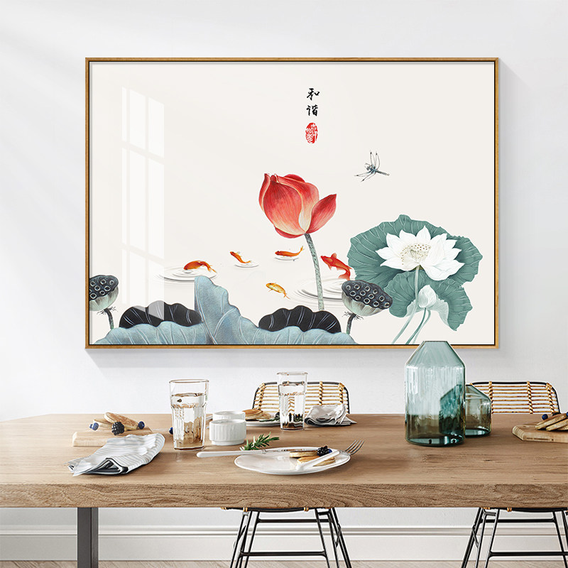 新中式饭厅装饰画客厅背景墙荷花挂画水墨画茶室横款荷塘月色壁画