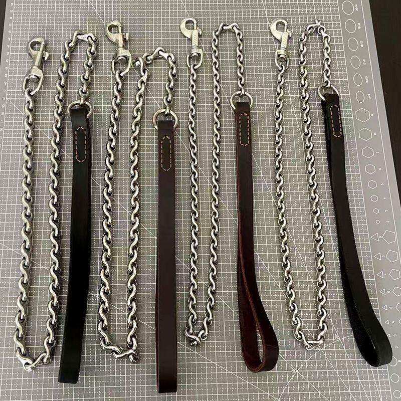 猛犬龙骨牵引链304钢遛狗防咬牵引绳牛皮拉把手德牧中大型犬链子