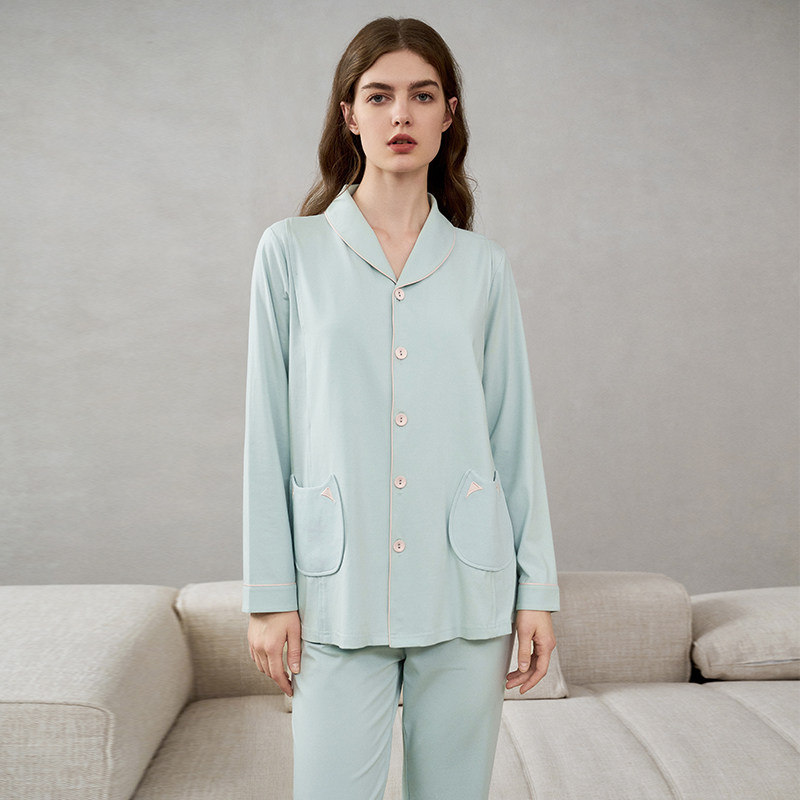 嫚熙夏薄款纯棉吸汗月子服孕妇产妇哺乳带胸垫睡衣产后喂奶家居服