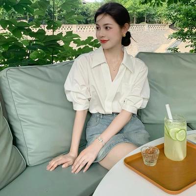 五分袖白色衬衫女上衣2025新款夏季小个子设计感小众高级v领衬衣