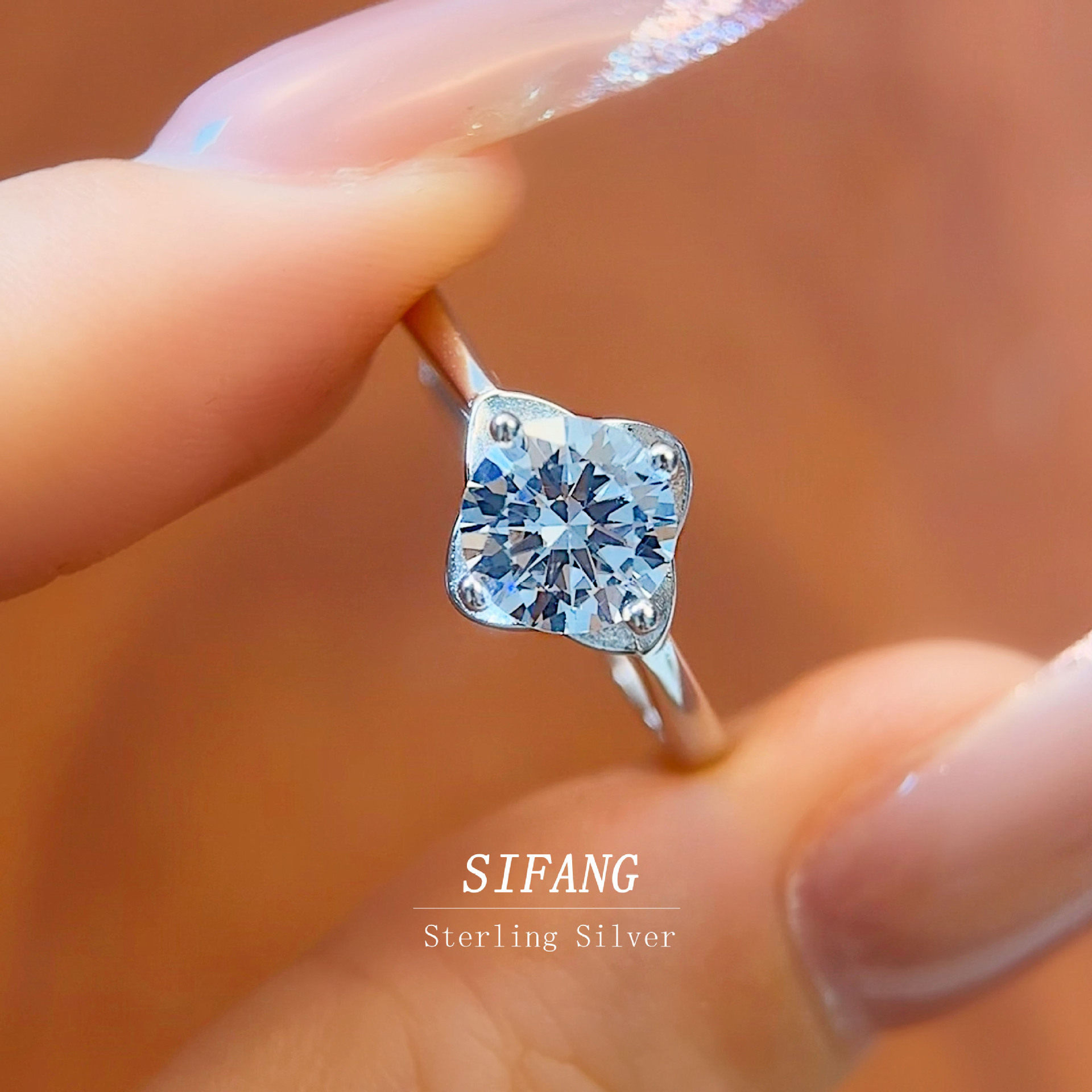 S925纯银花朵莫桑石戒指个性时尚