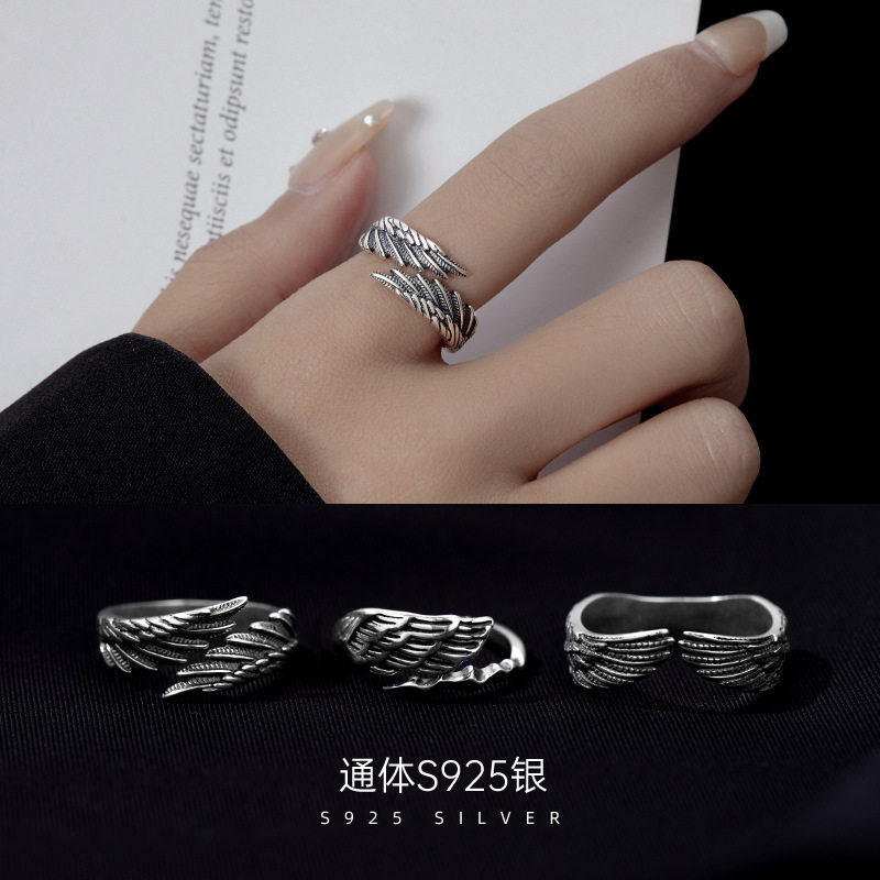 榕树下S925银韩版复古天使之翼戒