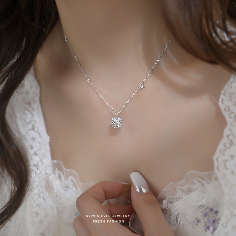 S999足银镂空线条贝壳项链女新款