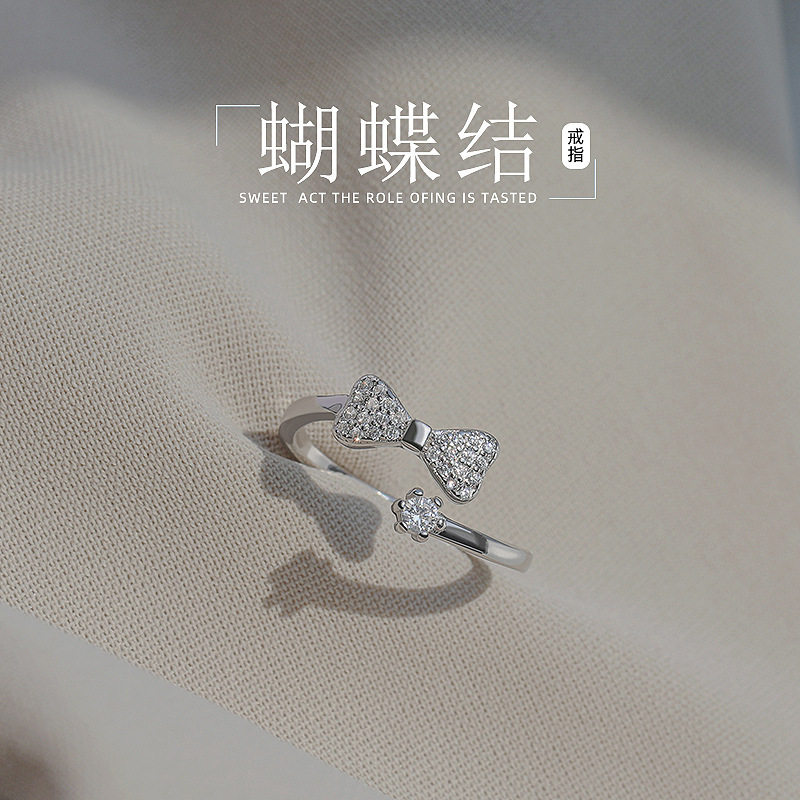 S925纯银闪钻蝴蝶结戒指女甜美小