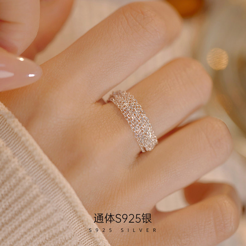 榕树下S925银多层链条抽拉戒指女