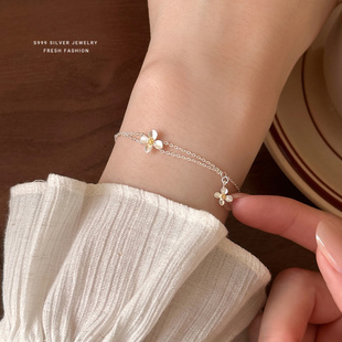 S999足银森系栀子花手链女纯银叠戴风时尚小众简约百搭手饰送闺蜜