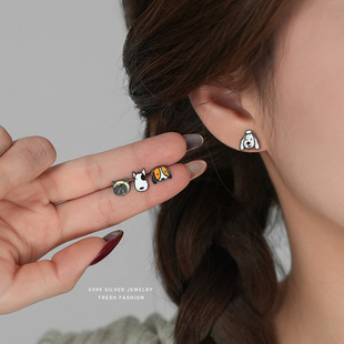 s999足银卡通可爱童趣小狗耳钉女新款纯银韩版时尚简约创意耳饰