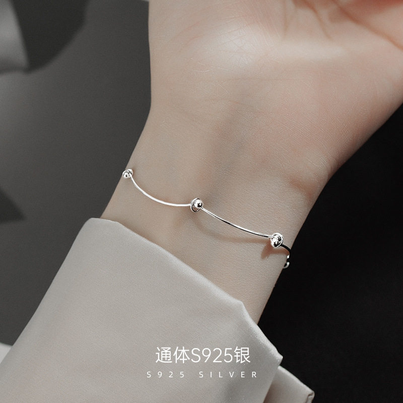 榕树下S925银波浪线条圆珠手链女