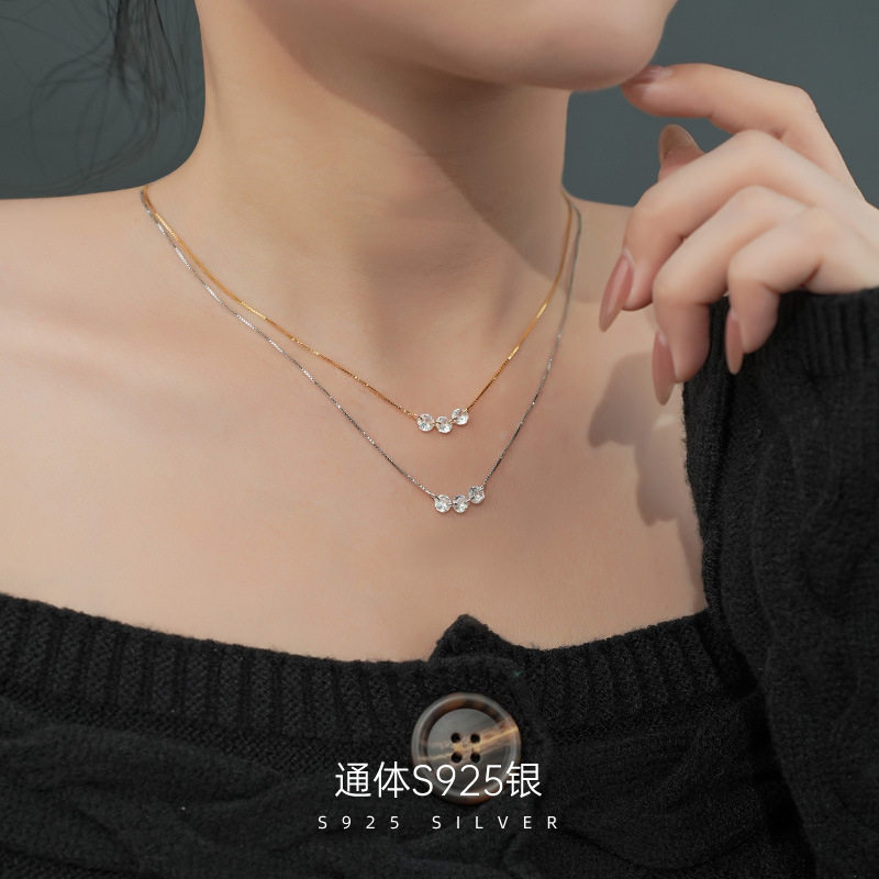 S925纯银日系三颗钻蛇骨项链女新