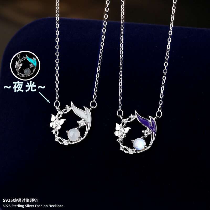 天然白玛瑙s925纯银项链珐琅彩夜