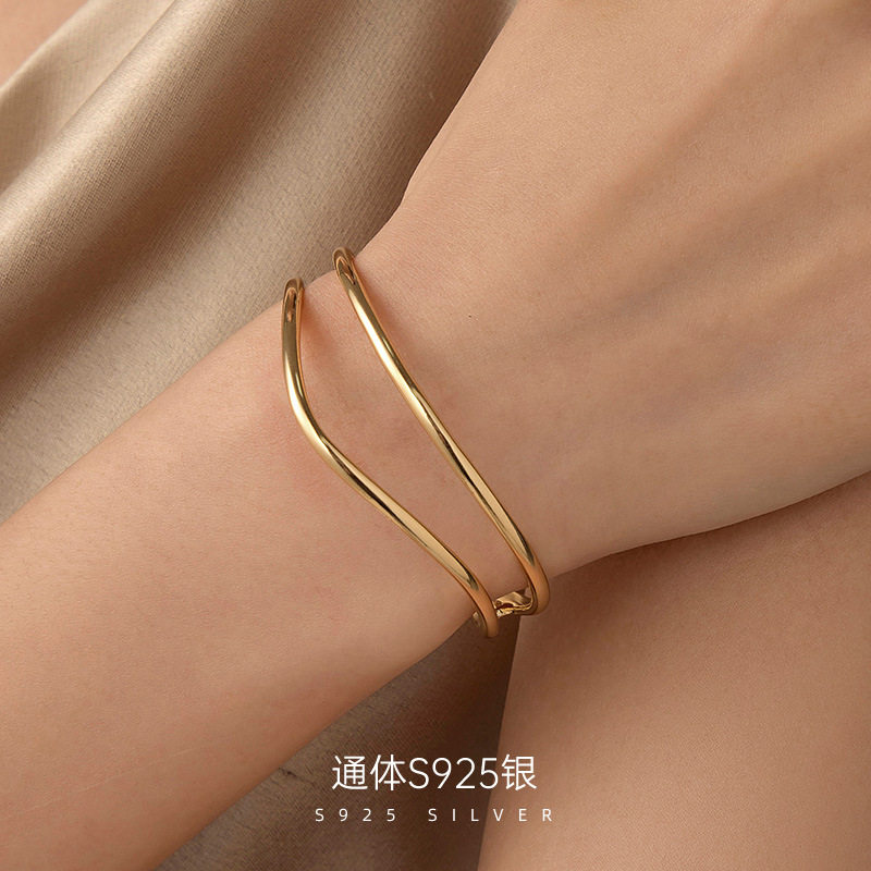 榕树下S925银极简双层线条手镯女
