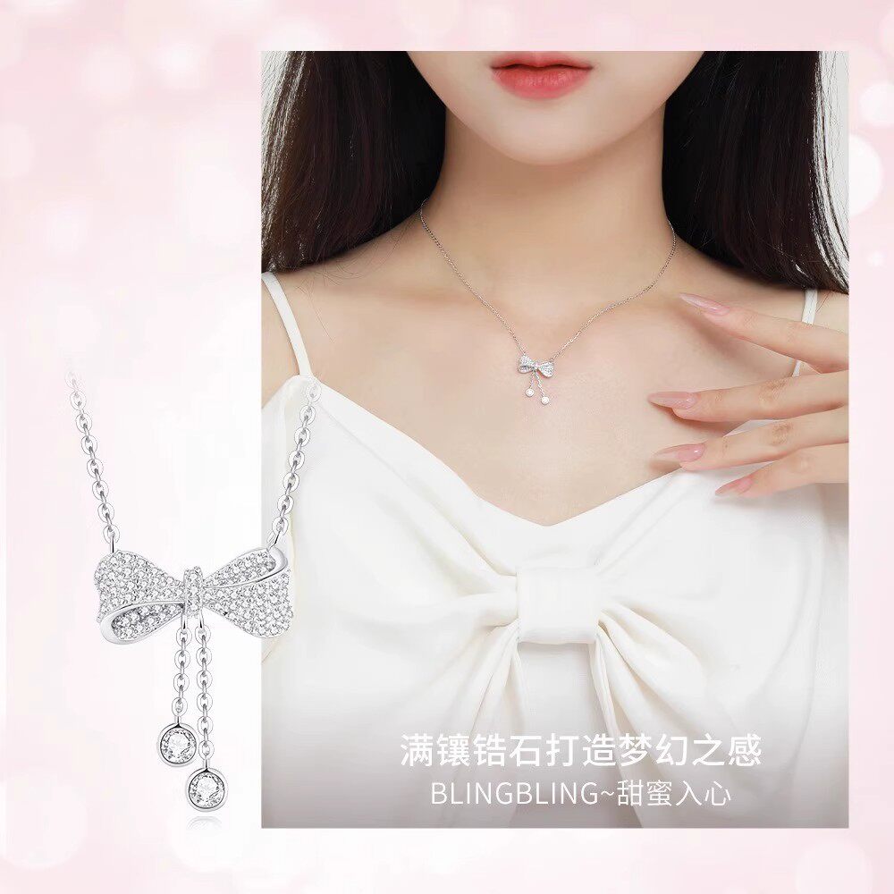 S999纯银项链流苏蝴蝶结锁骨链小