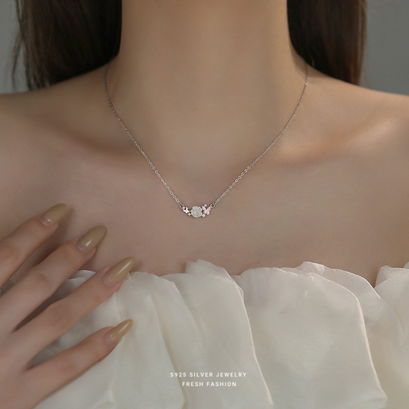 S925纯银幻彩玫瑰花蝴蝶项链女时