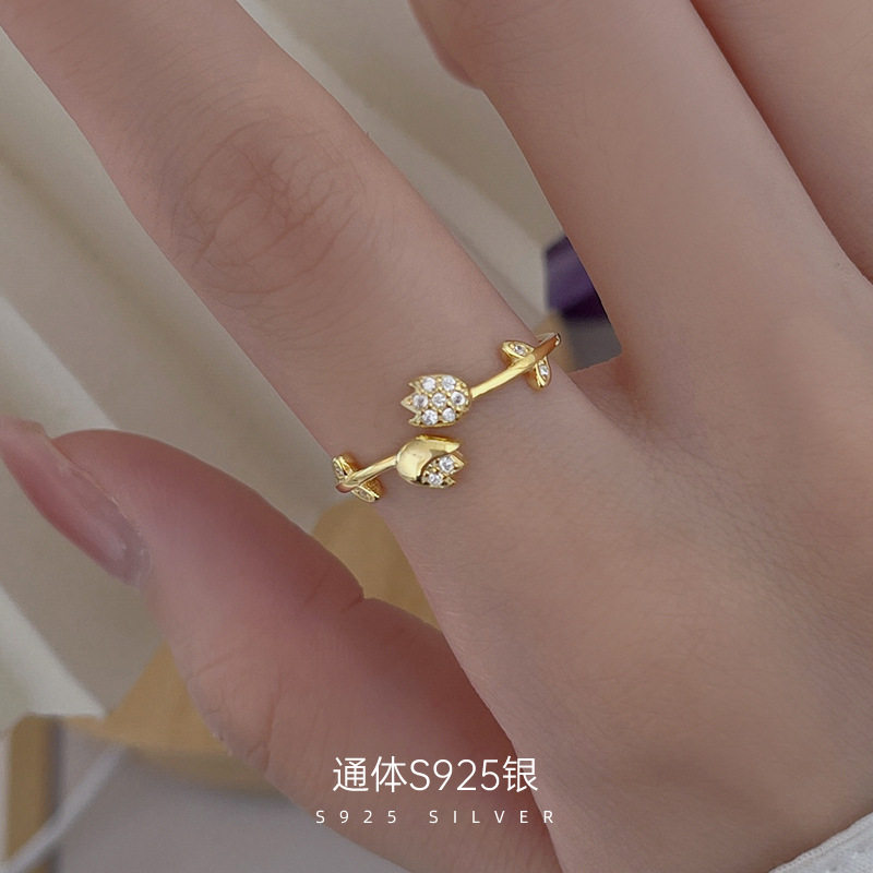 榕树下S925银郁金香镶钻戒指女高