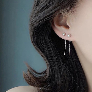 s999足银耳线天然珍珠耳坠女简约纯银小清新流苏耳环轻奢高级耳饰