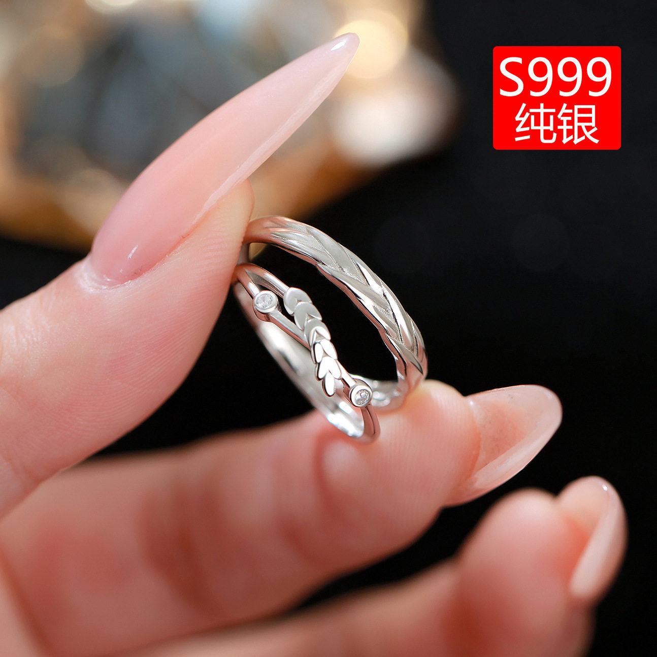 S999足银麦穗锆石戒指纯银简约花卉开口指环韩版小清新百搭食指戒