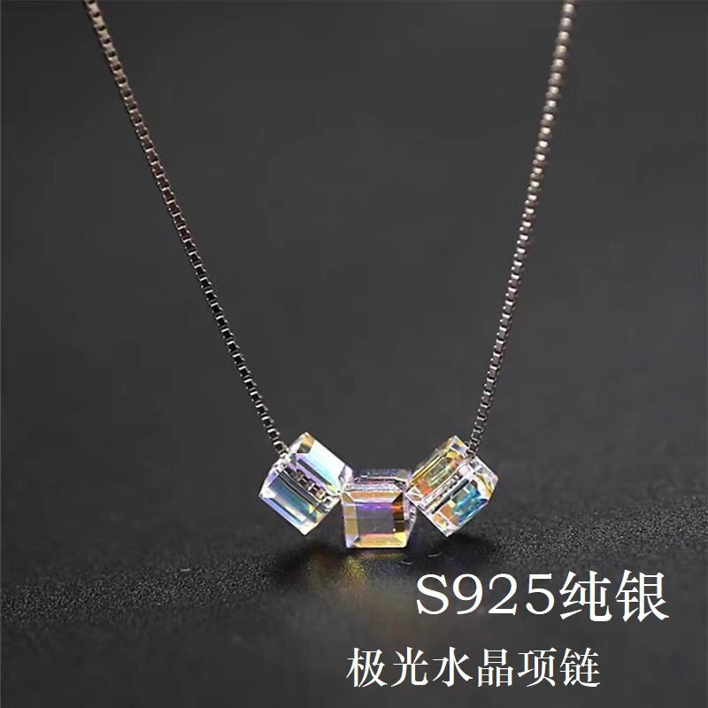 S925纯银三颗方糖水晶项链女跨境