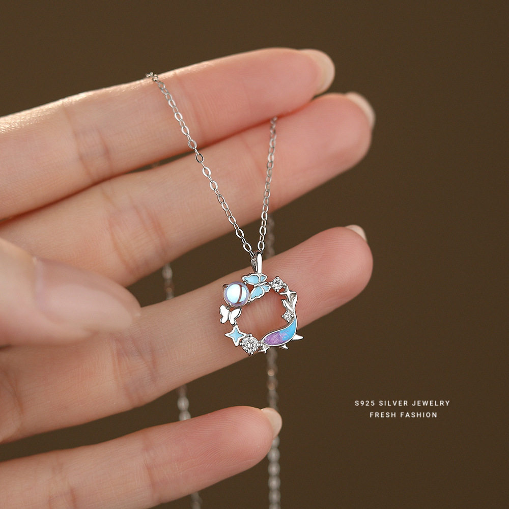 原创S925纯银炫彩浪漫大鱼海棠蝴蝶项链女小清新百搭送女友的礼物