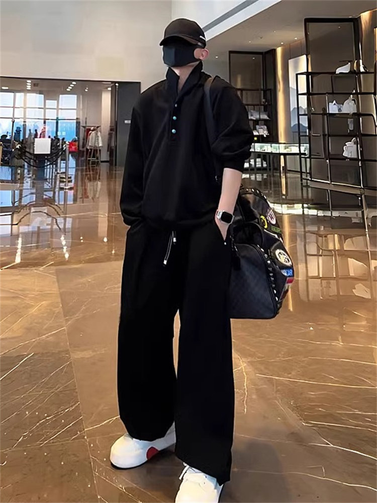 CLARALEE时尚套装男春秋季设计感polo领卫衣阔腿裤休闲运动两件套