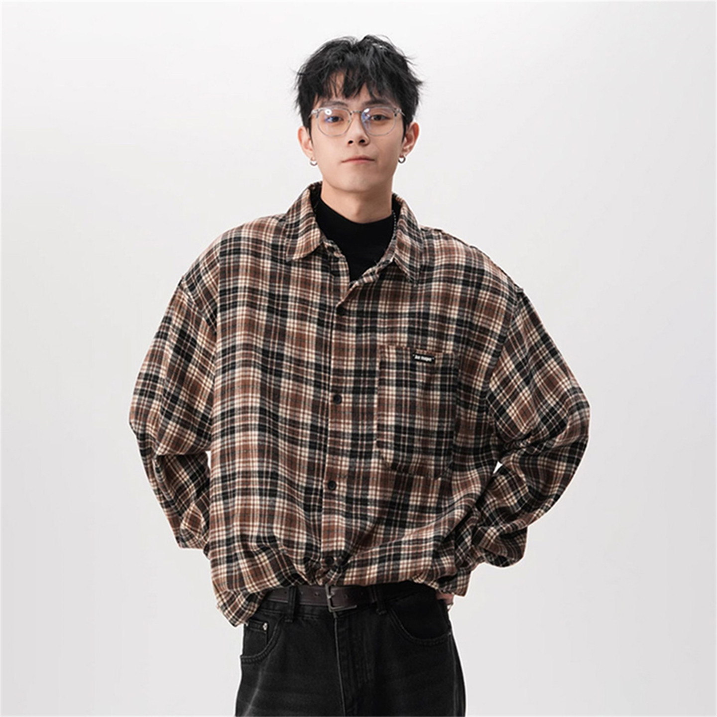 CLARALEE日系磨毛格子长袖衬衫男春秋季2026新款复古休闲衬衣外套